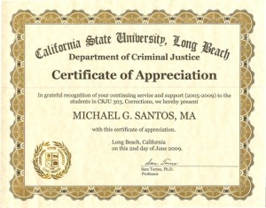 Certificate from CSU Long Beach Certificate of Appreciation issued by Dr. Sam Torres